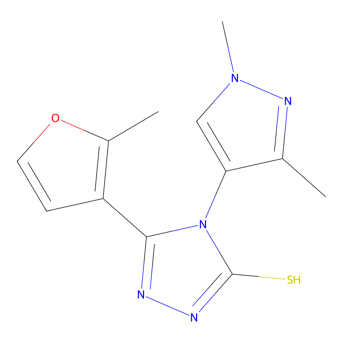 4-(1,3-dimethylpyrazol-4-yl)-3-(2-methylfuran-3-yl)-1H-1,2,4-triazole-5-thione molecular structure, CAS 1005675-50-2