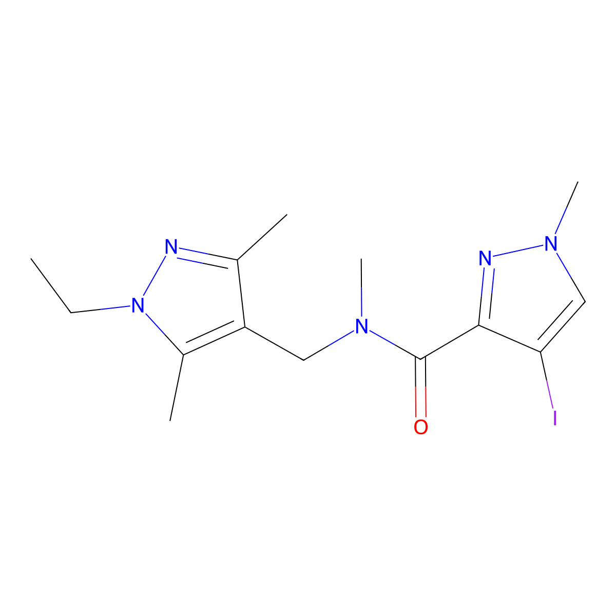 N-[(1-ethyl-3,5-dimethylpyrazol-4-yl)methyl]-4-iodo-N,1-dimethylpyrazole-3-carboxamide molecular structure, CAS 1005675-61-5