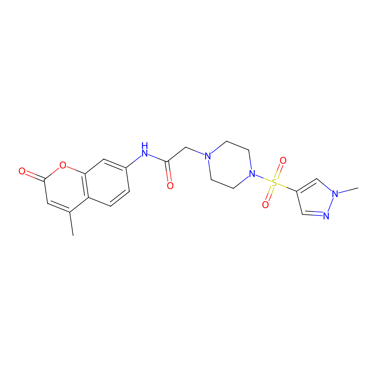 N-(4-methyl-2-oxo-2H-chromen-7-yl)-2-{4-[(1-methyl-1H-pyrazol-4-yl)sulfonyl]piperazin-1-yl}acetamide molecular structure, CAS 1005676-06-1