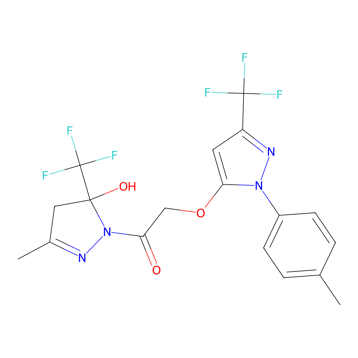 1-[5-hydroxy-3-methyl-5-(trifluoromethyl)-4,5-dihydro-1H-pyrazol-1-yl]-2-{[1-(4-methylphenyl)-3-(trifluoromethyl)-1H-pyrazol-5-yl]oxy}ethanone molecular structure, CAS 1005676-60-7