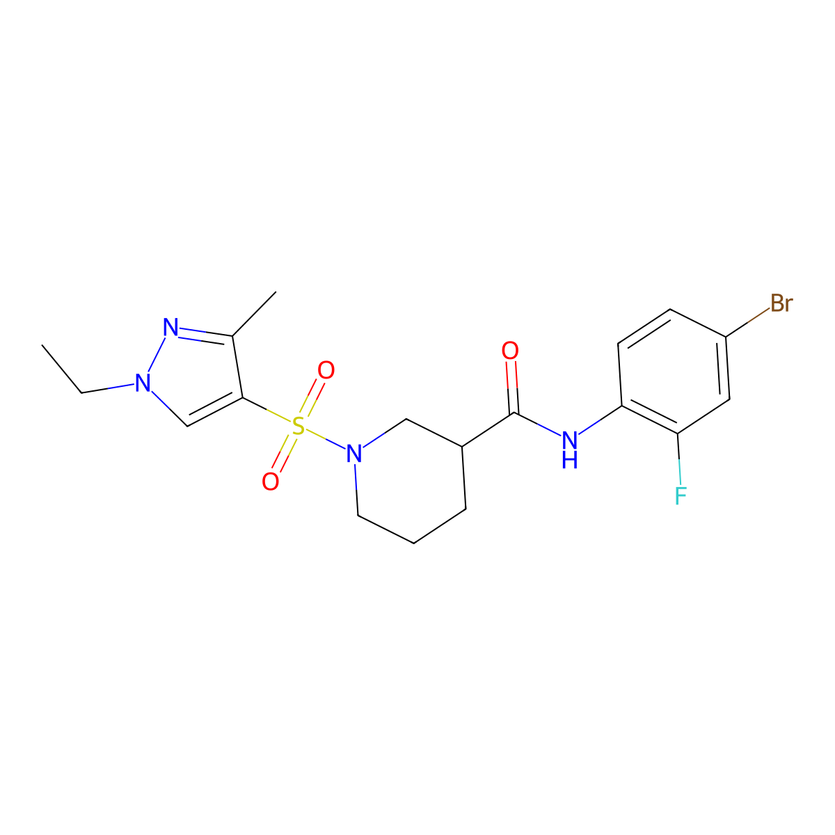 N-(4-bromo-2-fluorophenyl)-1-(1-ethyl-3-methylpyrazol-4-yl)sulfonylpiperidine-3-carboxamide molecular structure, CAS 1005676-85-6