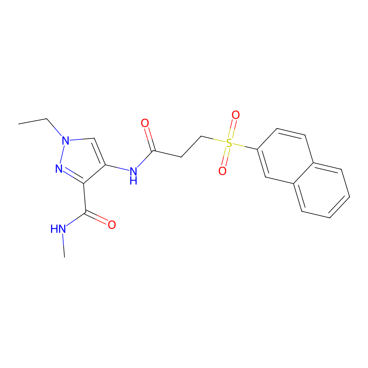 1-ethyl-N-methyl-4-{[3-(naphthalen-2-ylsulfonyl)propanoyl]amino}-1H-pyrazole-3-carboxamide molecular structure, CAS 1005677-08-6