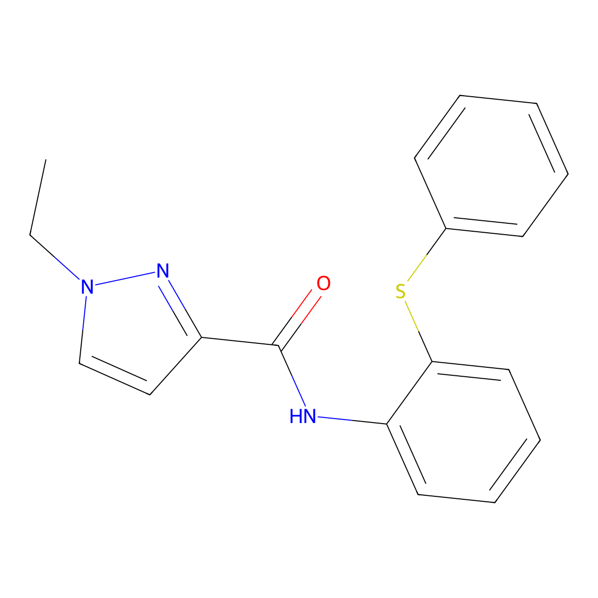 1-ethyl-N-[2-(phenylsulfanyl)phenyl]-1H-pyrazole-3-carboxamide molecular structure, CAS 1005677-24-6
