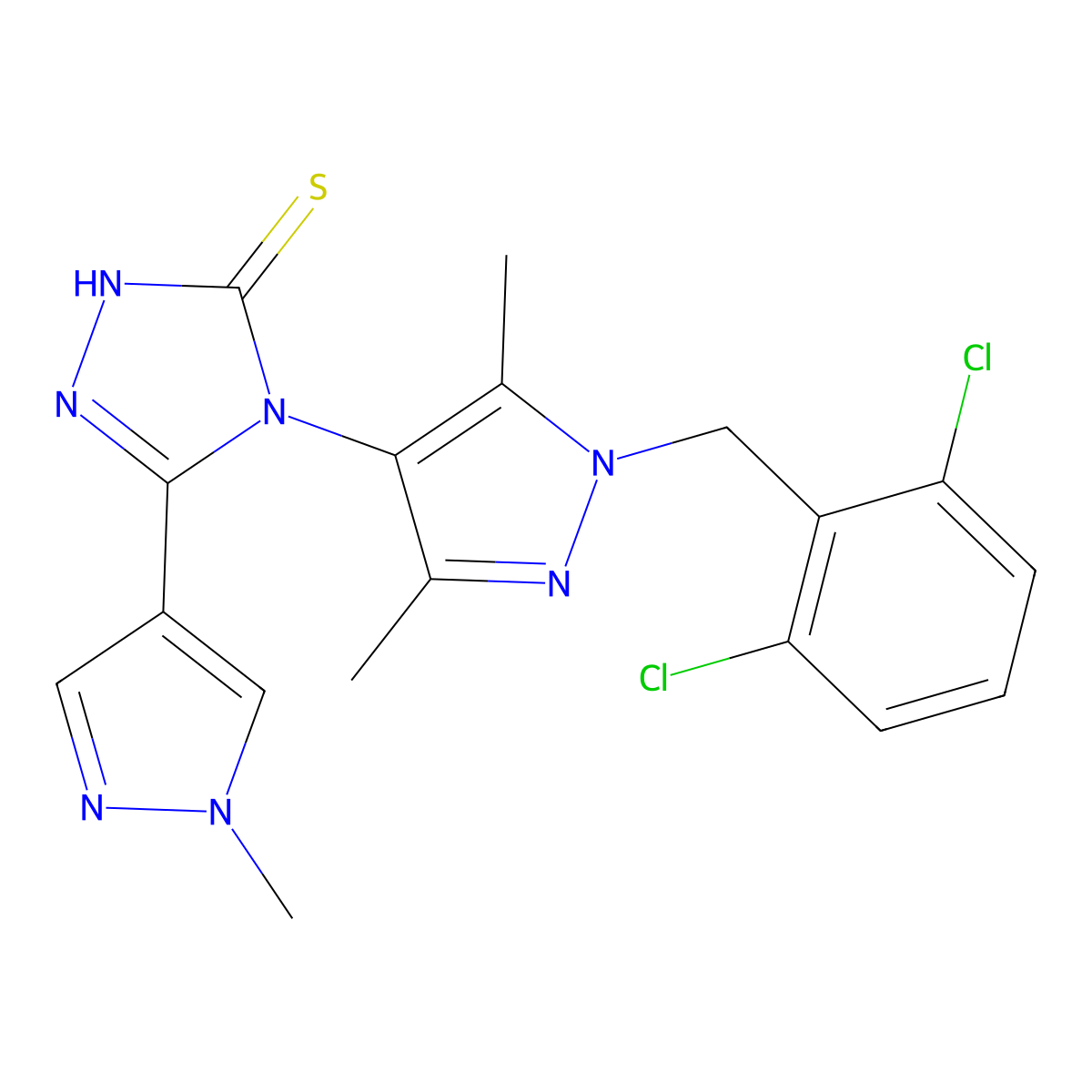 4-[1-(2,6-dichlorobenzyl)-3,5-dimethyl-1H-pyrazol-4-yl]-5-(1-methyl-1H-pyrazol-4-yl)-4H-1,2,4-triazole-3-thiol molecular structure, CAS 1005677-31-5