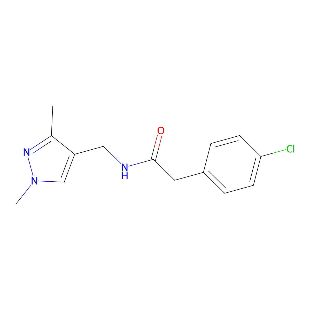 2-(4-chlorophenyl)-N-[(1,3-dimethyl-1H-pyrazol-4-yl)methyl]acetamide molecular structure, CAS 1005677-40-6