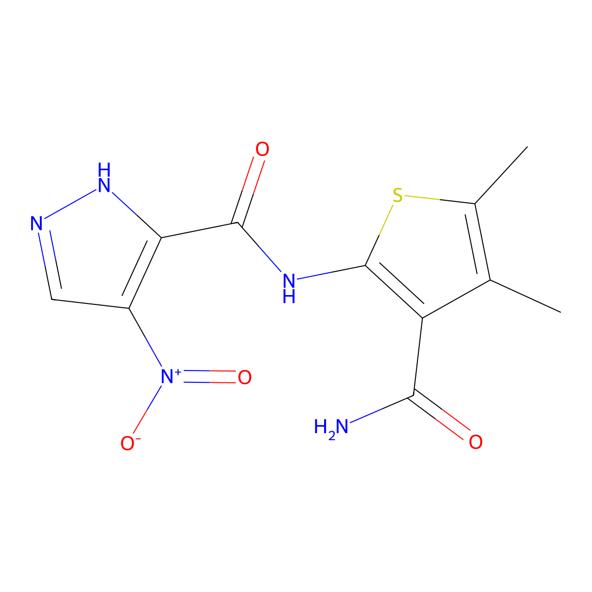 N-(3-carbamoyl-4,5-dimethylthiophen-2-yl)-4-nitro-1H-pyrazole-3-carboxamide molecular structure, CAS 1005678-20-5