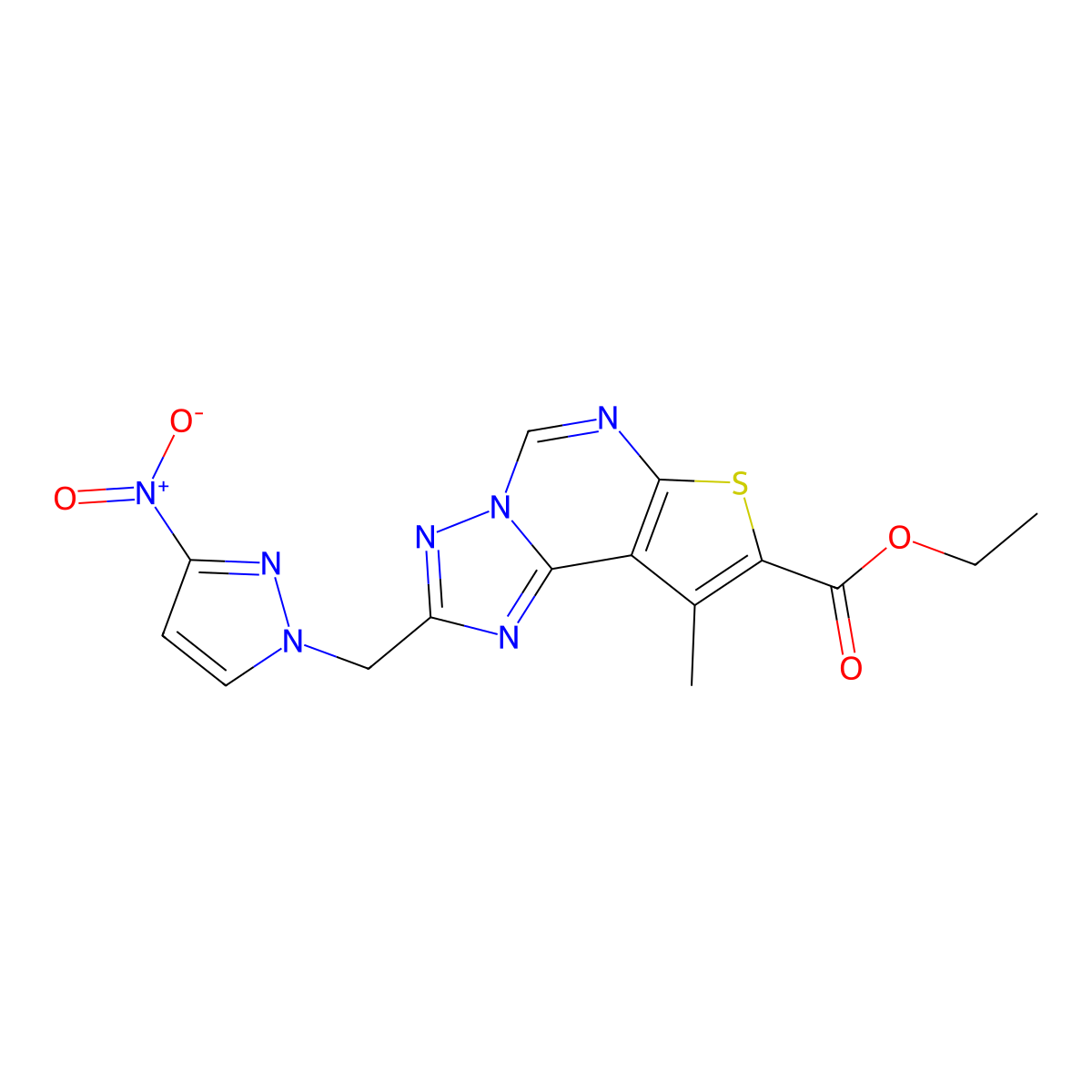 ethyl 9-methyl-2-[(3-nitro-1H-pyrazol-1-yl)methyl]thieno[3,2-e][1,2,4]triazolo[1,5-c]pyrimidine-8-carboxylate molecular structure, CAS 1005678-41-0