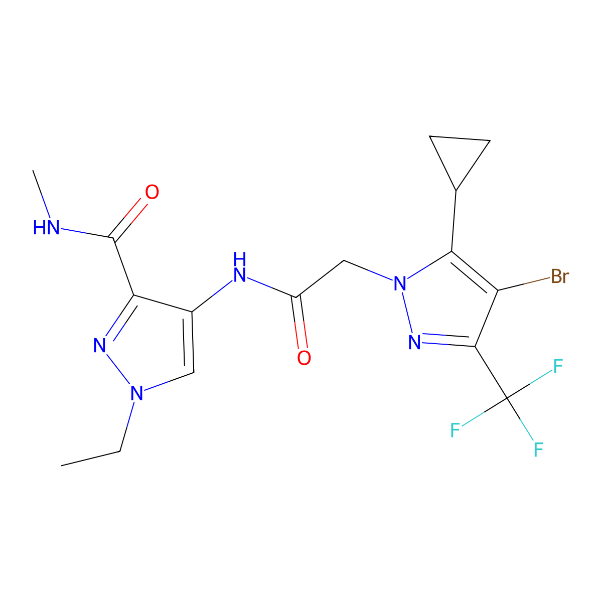 4-({[4-bromo-5-cyclopropyl-3-(trifluoromethyl)-1H-pyrazol-1-yl]acetyl}amino)-1-ethyl-N-methyl-1H-pyrazole-3-carboxamide molecular structure, CAS 1005678-52-3