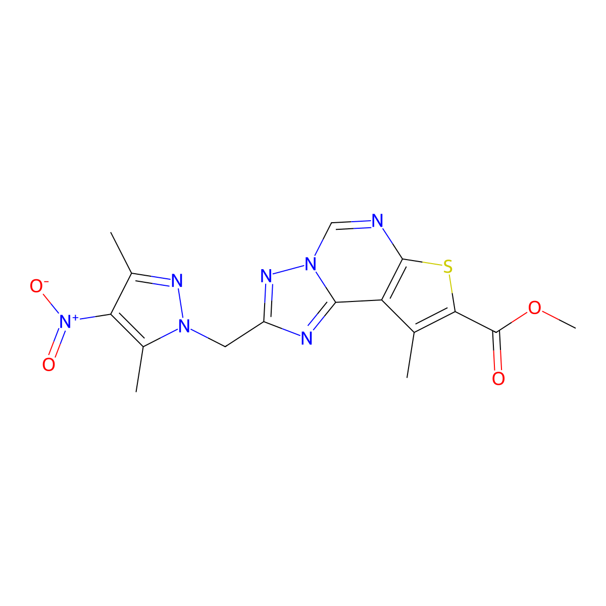 methyl 2-[(3,5-dimethyl-4-nitro-1H-pyrazol-1-yl)methyl]-9-methylthieno[3,2-e][1,2,4]triazolo[1,5-c]pyrimidine-8-carboxylate molecular structure, CAS 1005678-68-1