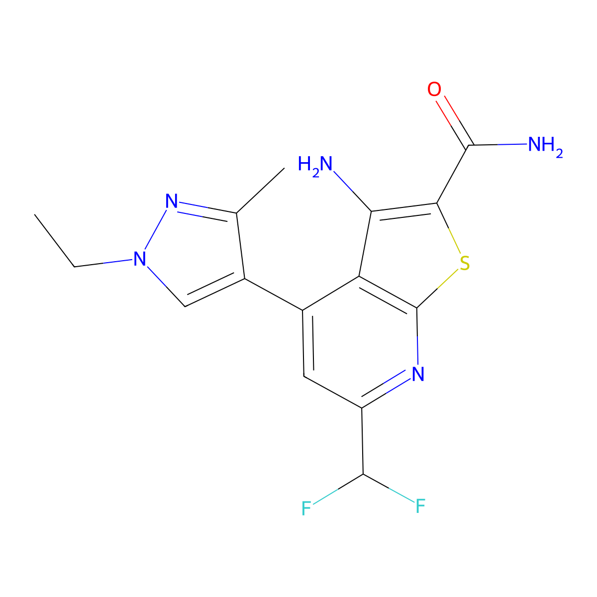 3-amino-6-(difluoromethyl)-4-(1-ethyl-3-methyl-1H-pyrazol-4-yl)thieno[2,3-b]pyridine-2-carboxamide molecular structure, CAS 1005679-22-0