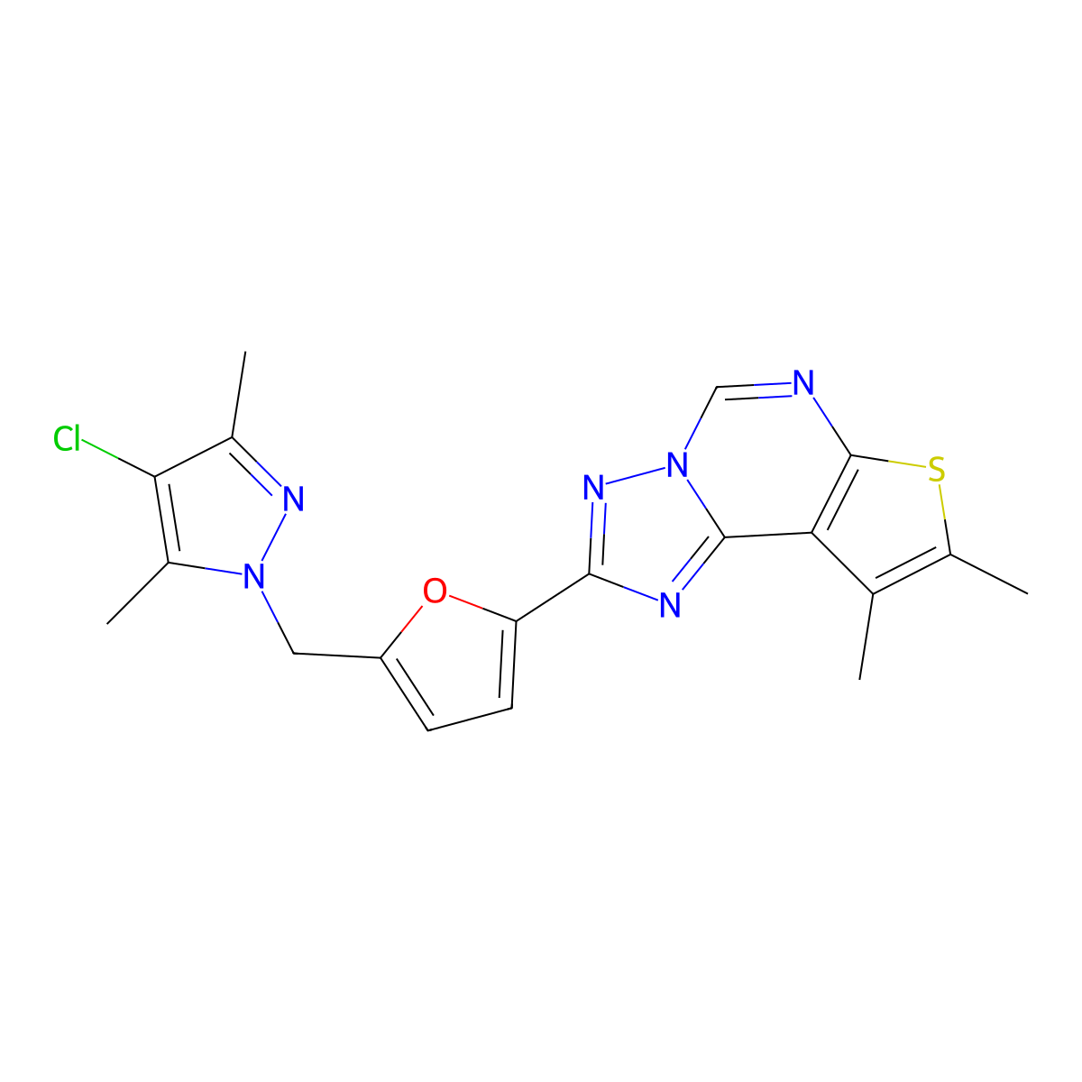 2-(5-((4-chloro-3,5-dimethyl-1H-pyrazol-1-yl)methyl)furan-2-yl)-8,9-dimethylthieno[3,2-e][1,2,4]triazolo[1,5-c]pyrimidine molecular structure, CAS 1005679-61-7