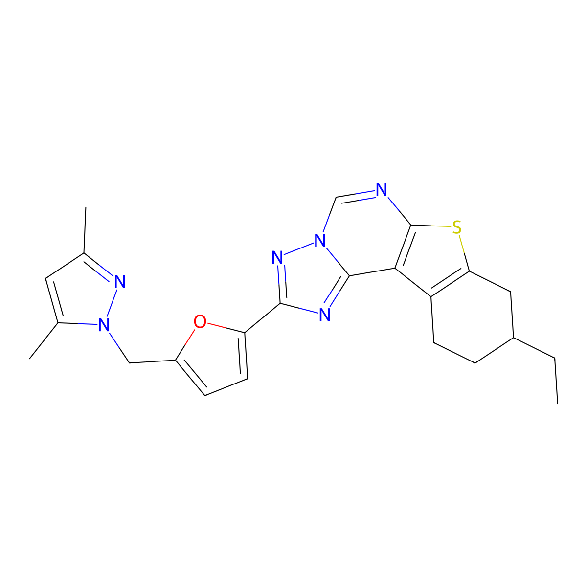 2-(5-((3,5-dimethyl-1H-pyrazol-1-yl)methyl)furan-2-yl)-9-ethyl-8,9,10,11-tetrahydrobenzo[4,5]thieno[3,2-e][1,2,4]triazolo[1,5-c]pyrimidine molecular structure, CAS 1005679-92-4