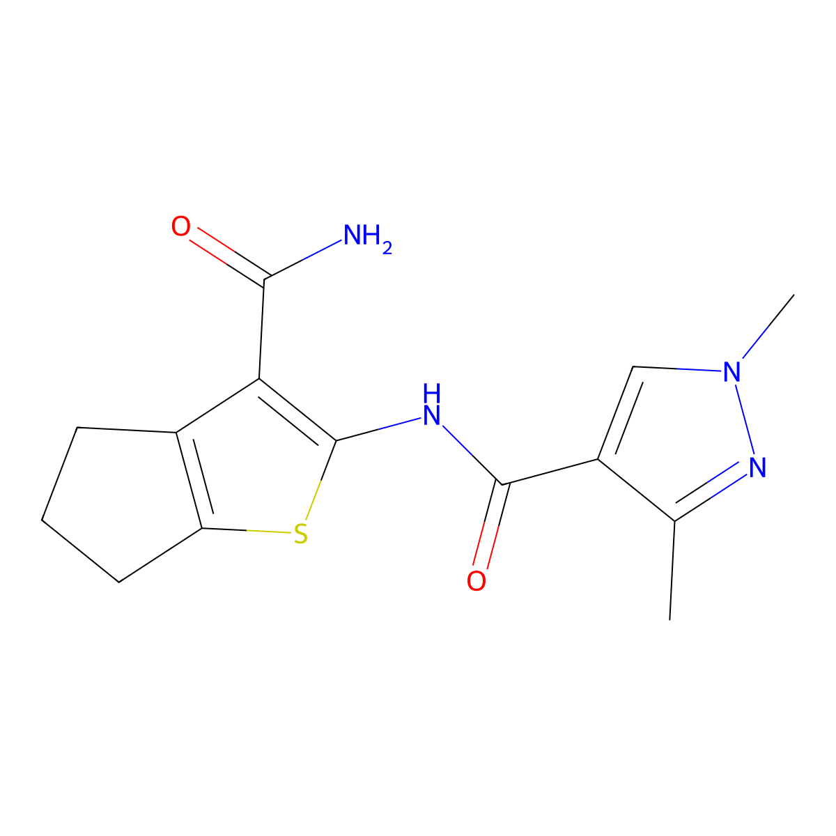 N-(3-carbamoyl-5,6-dihydro-4H-cyclopenta[b]thiophen-2-yl)-1,3-dimethylpyrazole-4-carboxamide molecular structure, CAS 1005680-19-2