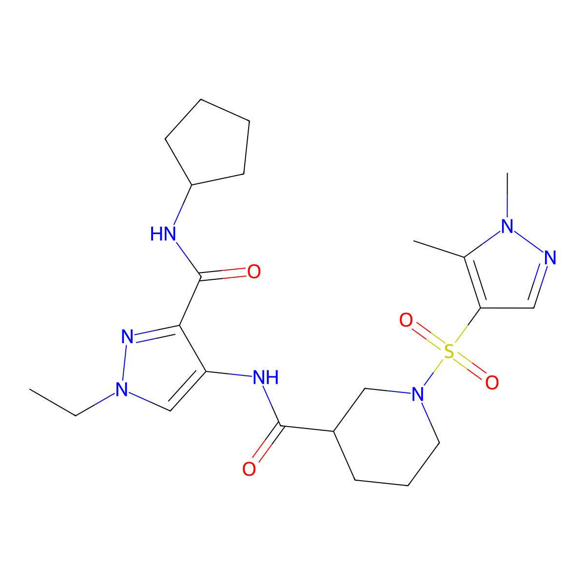 N-[3-(cyclopentylcarbamoyl)-1-ethyl-1H-pyrazol-4-yl]-1-[(1,5-dimethyl-1H-pyrazol-4-yl)sulfonyl]piperidine-3-carboxamide molecular structure, CAS 1005680-26-1