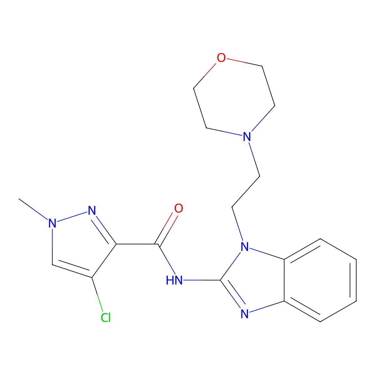 4-chloro-1-methyl-N-{1-[2-(morpholin-4-yl)ethyl]-1H-benzimidazol-2-yl}-1H-pyrazole-3-carboxamide molecular structure, CAS 1005680-54-5