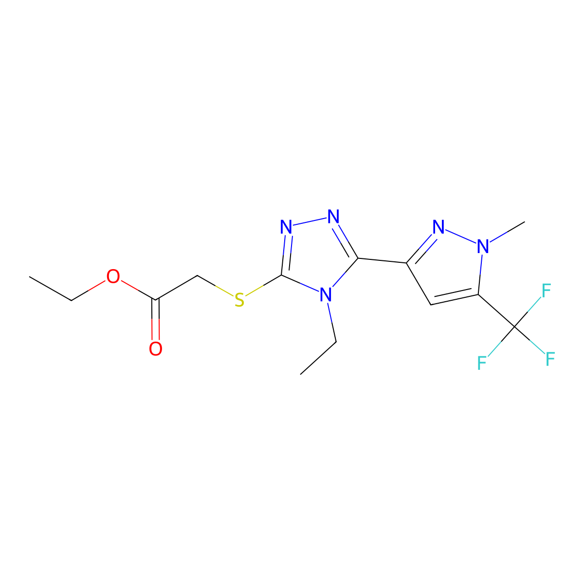 Ethyl ({4-ethyl-5-[1-methyl-5-(trifluoromethyl)-1H-pyrazol-3-YL]-4H-1,2,4-triazol-3-YL}thio)acetate molecular structure, CAS 1005680-56-7