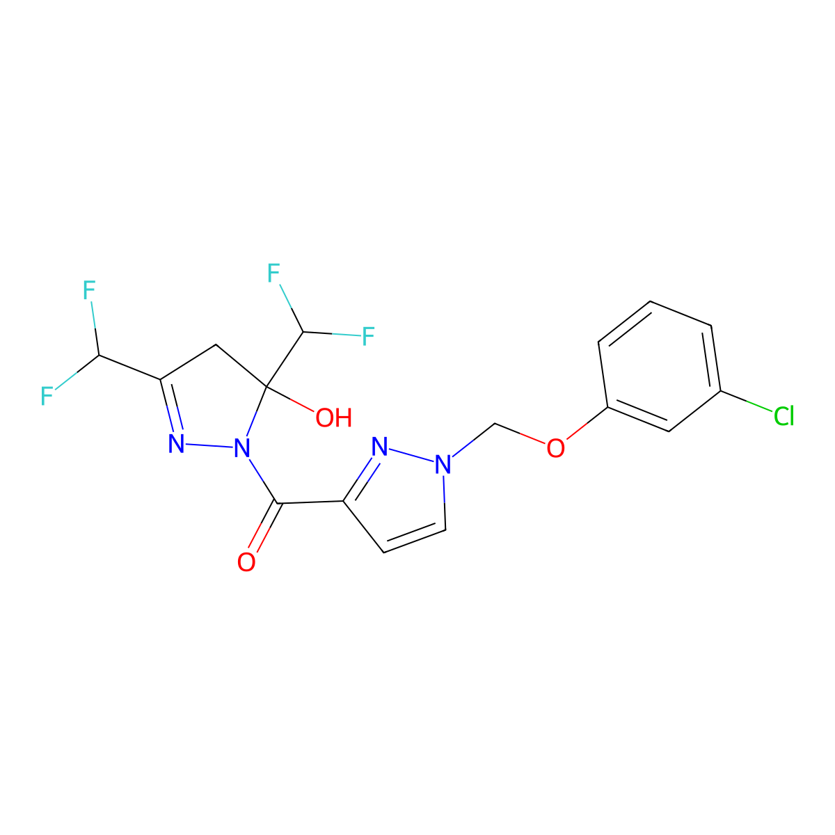 [3,5-bis(difluoromethyl)-5-hydroxy-4,5-dihydro-1H-pyrazol-1-yl]{1-[(3-chlorophenoxy)methyl]-1H-pyrazol-3-yl}methanone molecular structure, CAS 1005680-67-0