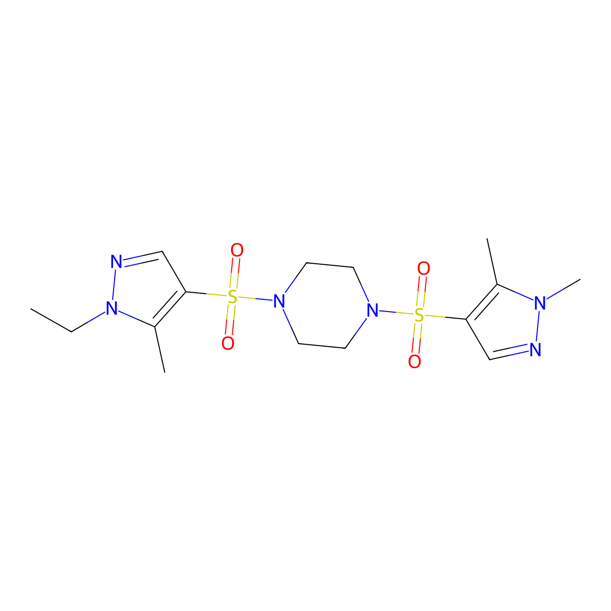 1-[(1,5-dimethyl-1H-pyrazol-4-yl)sulfonyl]-4-[(1-ethyl-5-methyl-1H-pyrazol-4-yl)sulfonyl]piperazine molecular structure, CAS 1005681-32-2