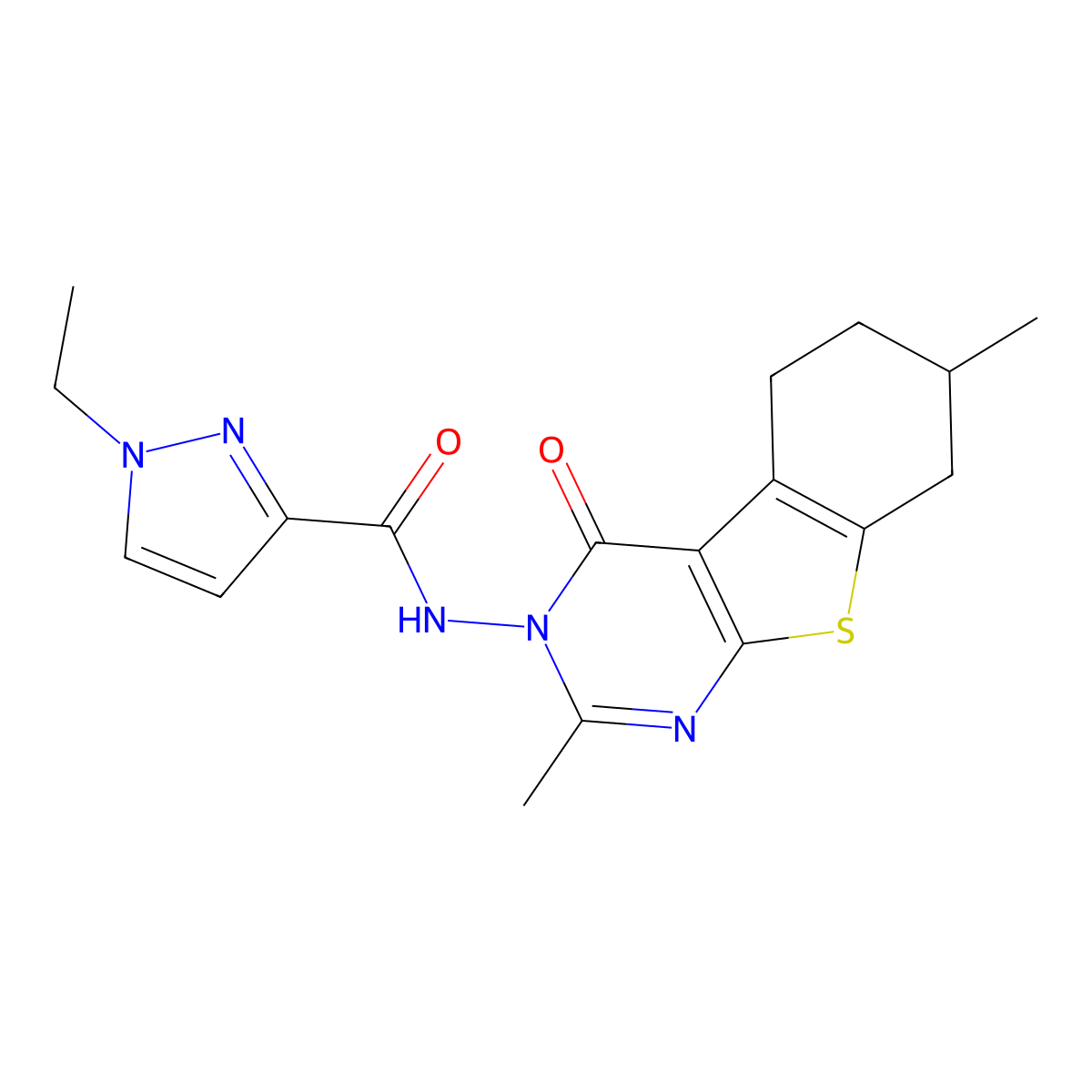 N-(2,7-dimethyl-4-oxo-5,6,7,8-tetrahydro-[1]benzothiolo[2,3-d]pyrimidin-3-yl)-1-ethylpyrazole-3-carboxamide molecular structure, CAS 1005681-34-4