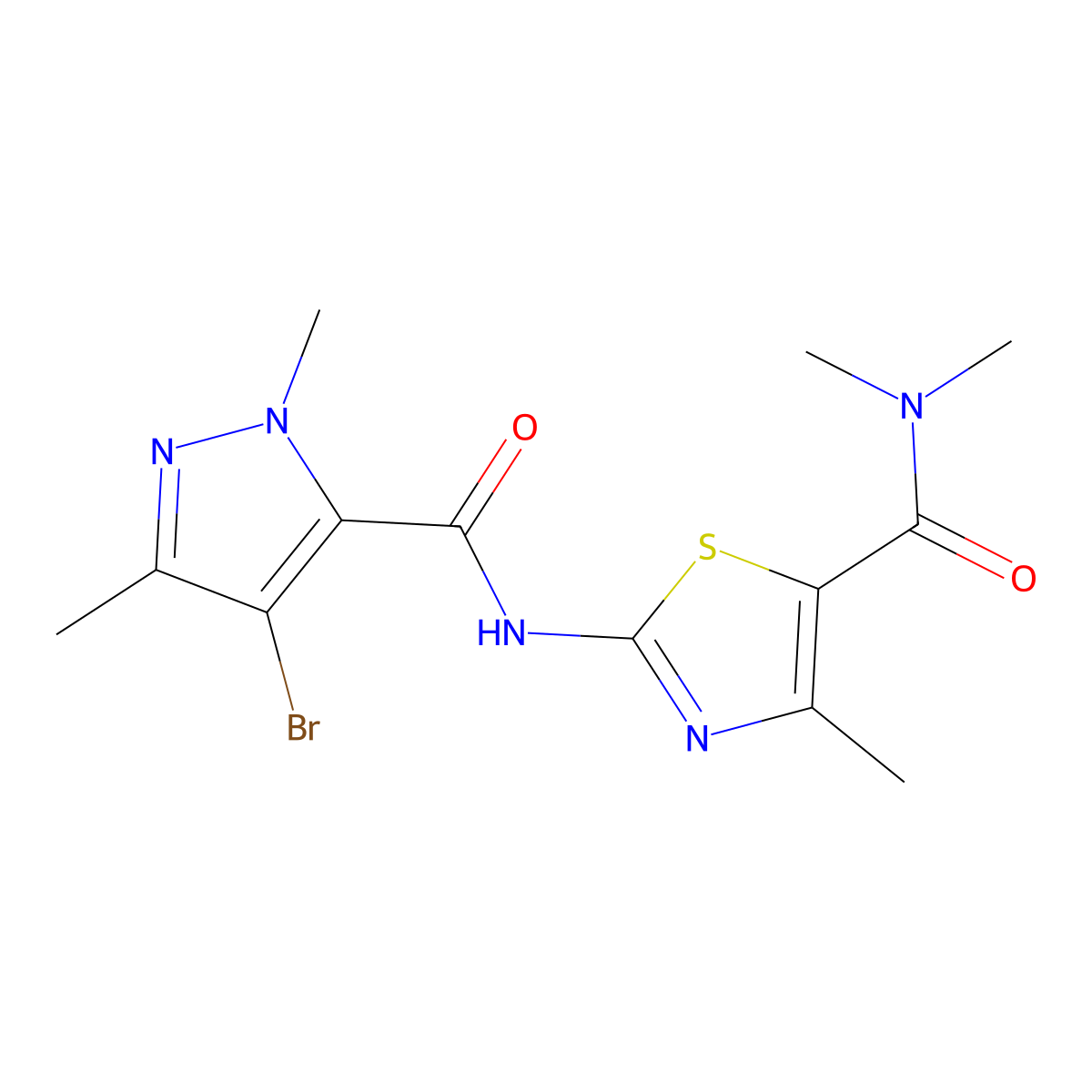 2-{[(4-bromo-1,3-dimethyl-1H-pyrazol-5-yl)carbonyl]amino}-N,N,4-trimethyl-1,3-thiazole-5-carboxamide molecular structure, CAS 1005681-55-9