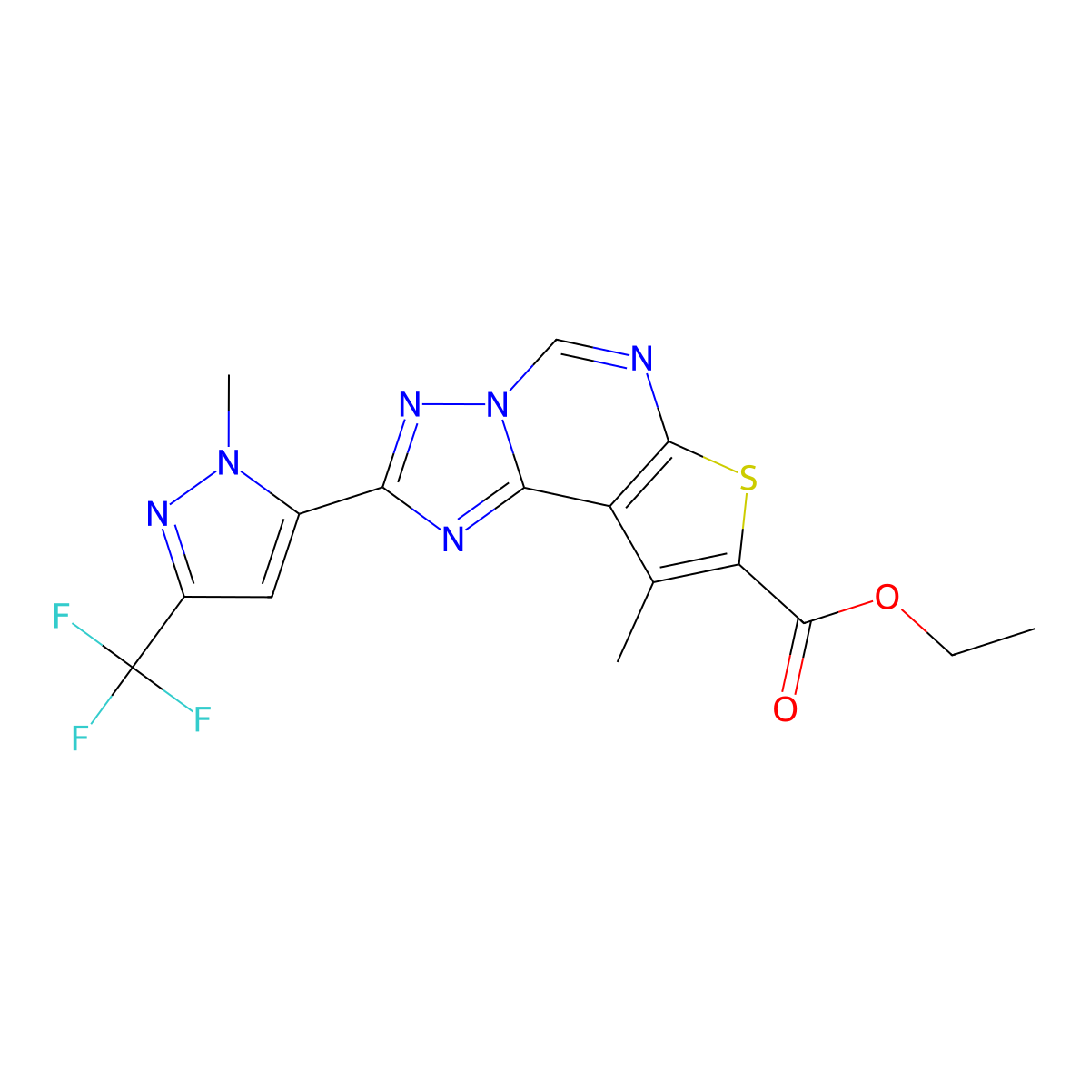 ethyl 9-methyl-2-[1-methyl-3-(trifluoromethyl)-1H-pyrazol-5-yl]thieno[3,2-e][1,2,4]triazolo[1,5-c]pyrimidine-8-carboxylate molecular structure, CAS 1005682-30-3