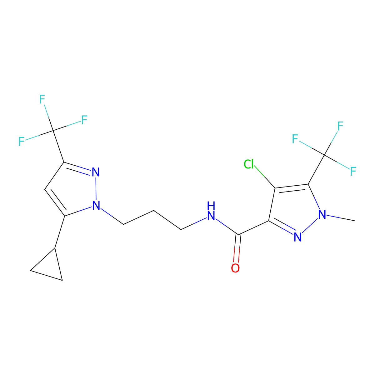 4-chloro-N-[3-[5-cyclopropyl-3-(trifluoromethyl)pyrazol-1-yl]propyl]-1-methyl-5-(trifluoromethyl)pyrazole-3-carboxamide molecular structure, CAS 1005682-79-0