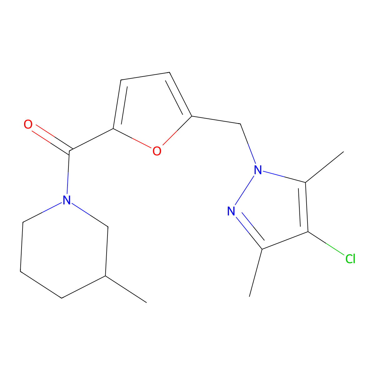 {5-[(4-chloro-3,5-dimethyl-1H-pyrazol-1-yl)methyl]furan-2-yl}(3-methylpiperidin-1-yl)methanone molecular structure, CAS 1005683-19-1