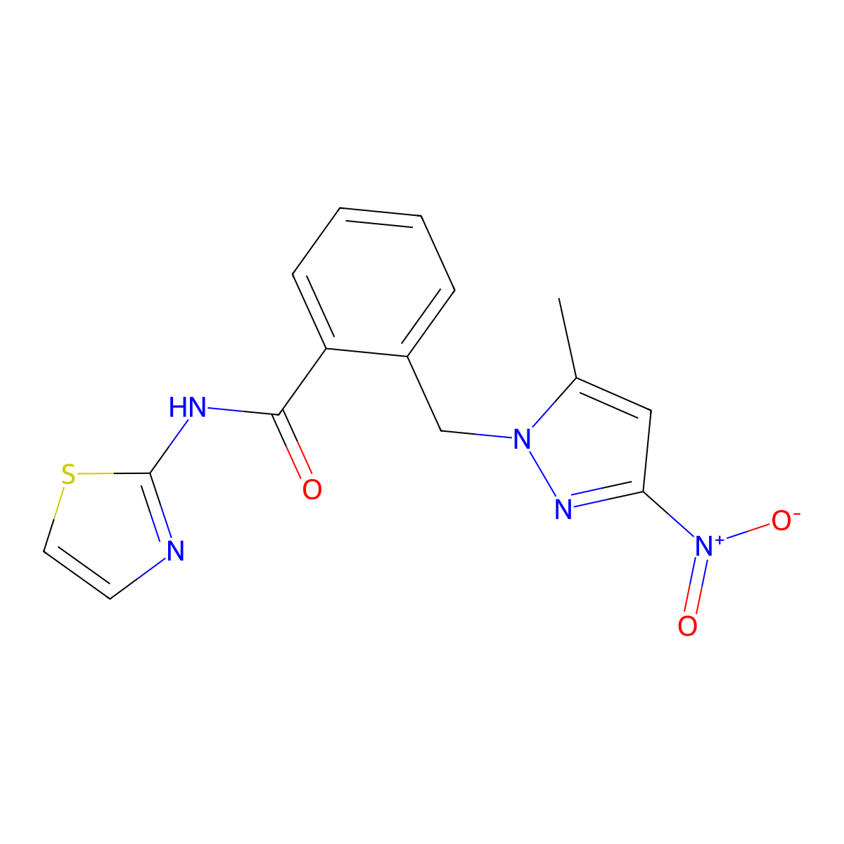 2-[(5-methyl-3-nitropyrazol-1-yl)methyl]-N-(1,3-thiazol-2-yl)benzamide molecular structure, CAS 1005683-31-7