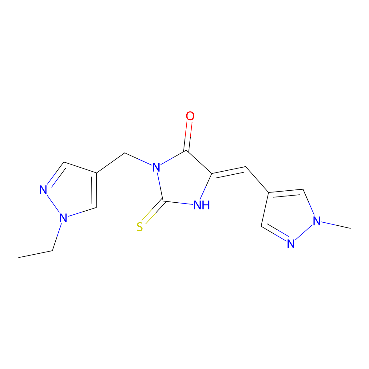 3-[(1-Ethylpyrazol-4-yl)methyl]-5-[(1-methylpyrazol-4-yl)methylidene]-2-sulfanylideneimidazolidin-4-one molecular structure, CAS 1005683-41-9