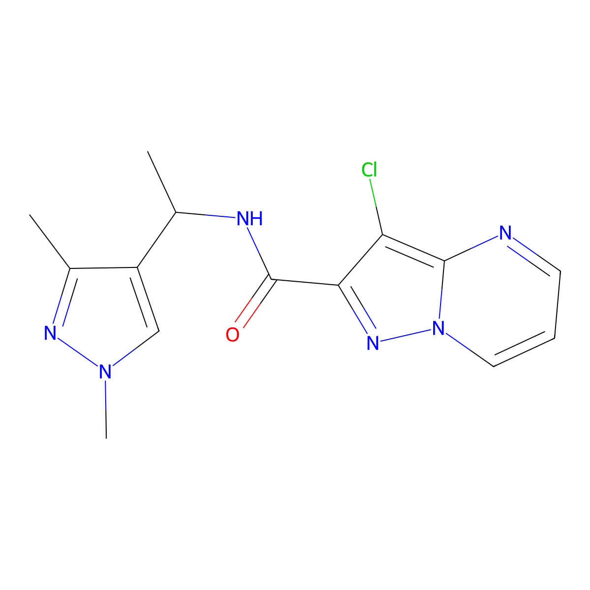 3-chloro-N-[1-(1,3-dimethylpyrazol-4-yl)ethyl]pyrazolo[1,5-a]pyrimidine-2-carboxamide molecular structure, CAS 1005683-52-2