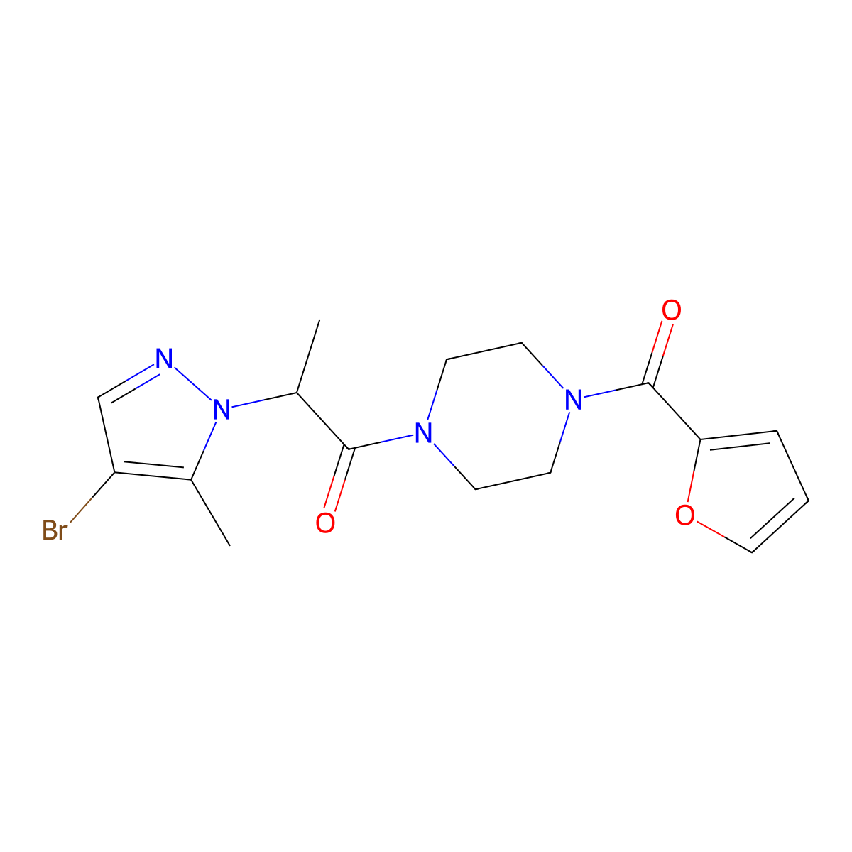 2-(4-Bromo-5-methylpyrazol-1-yl)-1-[4-(furan-2-carbonyl)piperazin-1-yl]propan-1-one molecular structure, CAS 1005683-56-6