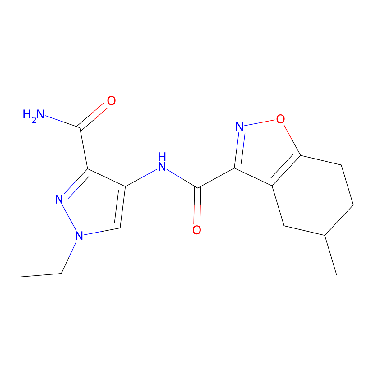 N-(3-carbamoyl-1-ethyl-1H-pyrazol-4-yl)-5-methyl-4,5,6,7-tetrahydro-1,2-benzoxazole-3-carboxamide molecular structure, CAS 1005683-81-7