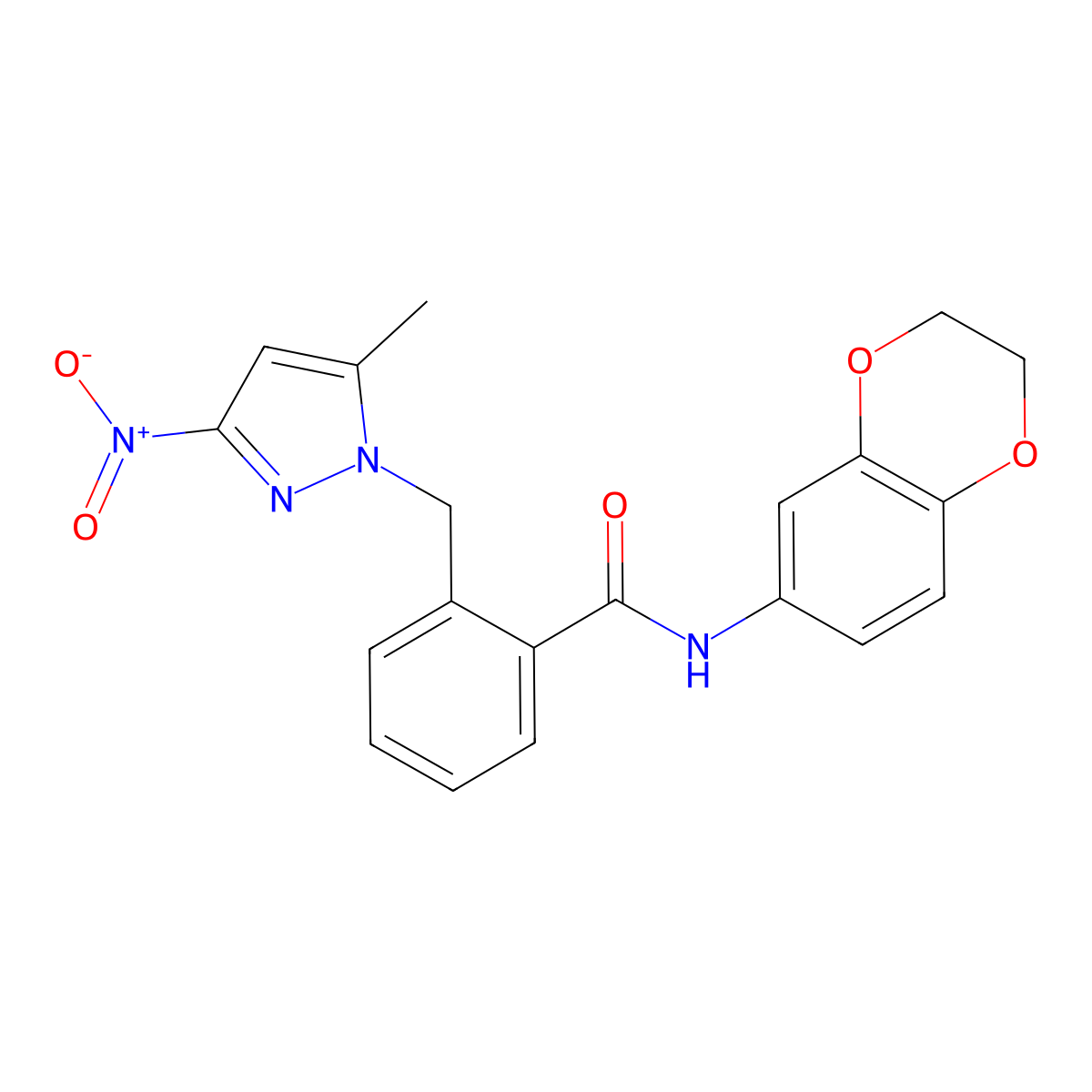 N-(2,3-dihydro-1,4-benzodioxin-6-yl)-2-[(5-methyl-3-nitropyrazol-1-yl)methyl]benzamide molecular structure, CAS 1005683-87-3