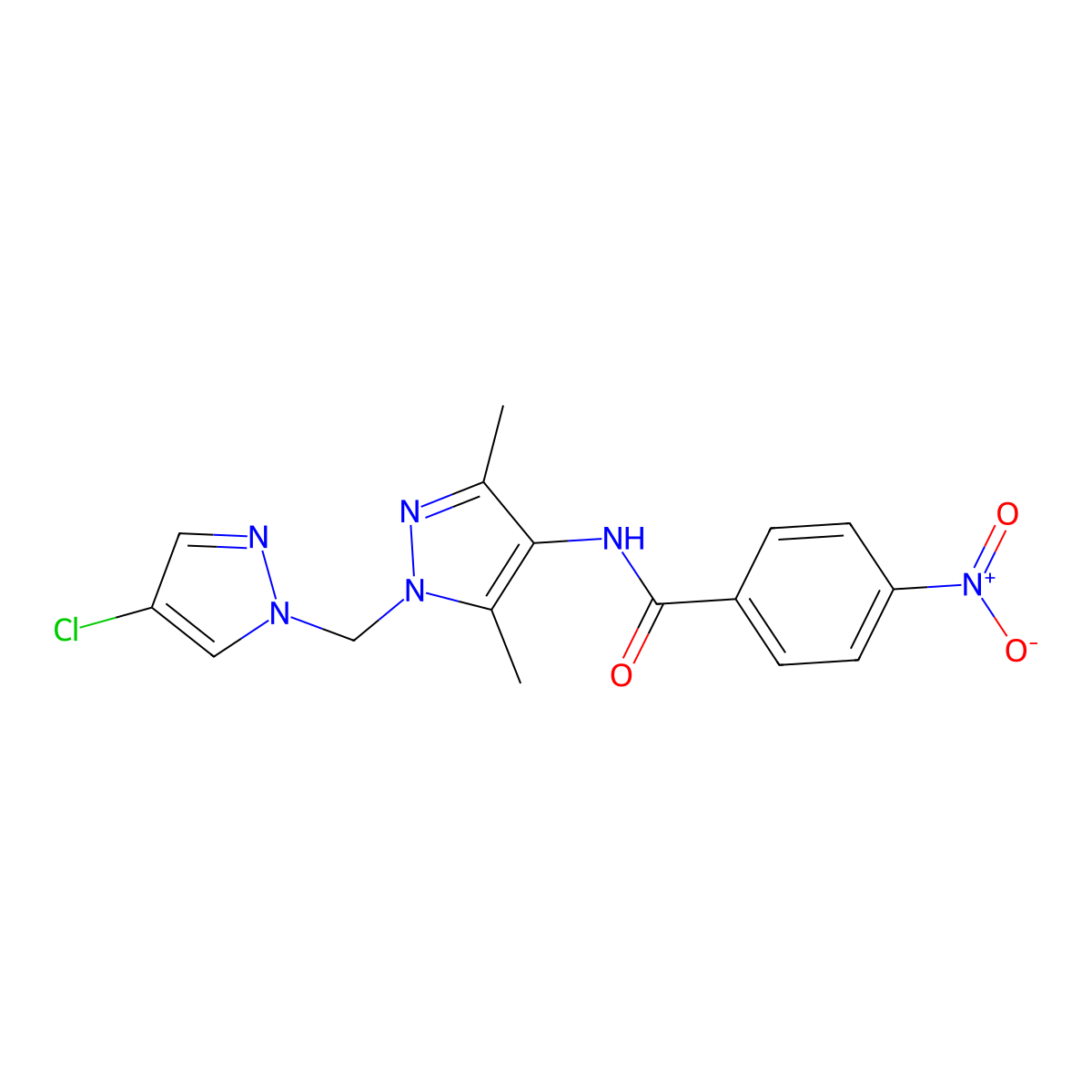 N-[1-[(4-chloropyrazol-1-yl)methyl]-3,5-dimethylpyrazol-4-yl]-4-nitrobenzamide molecular structure, CAS 1005683-95-3