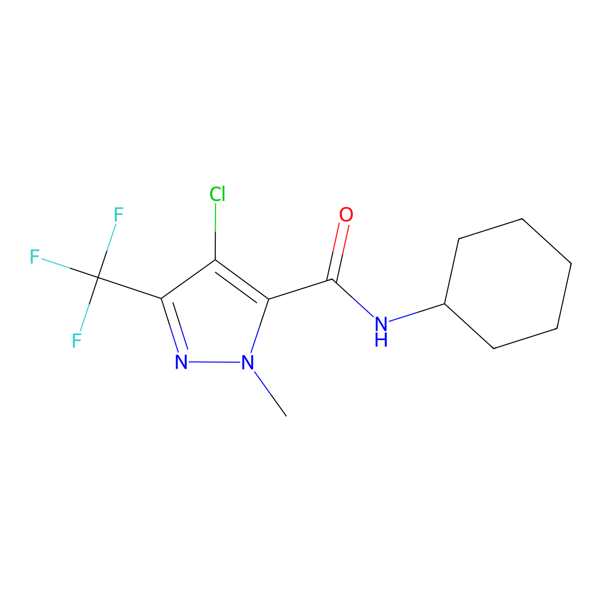 4-chloro-N-cyclohexyl-2-methyl-5-(trifluoromethyl)pyrazole-3-carboxamide molecular structure, CAS 1005683-96-4