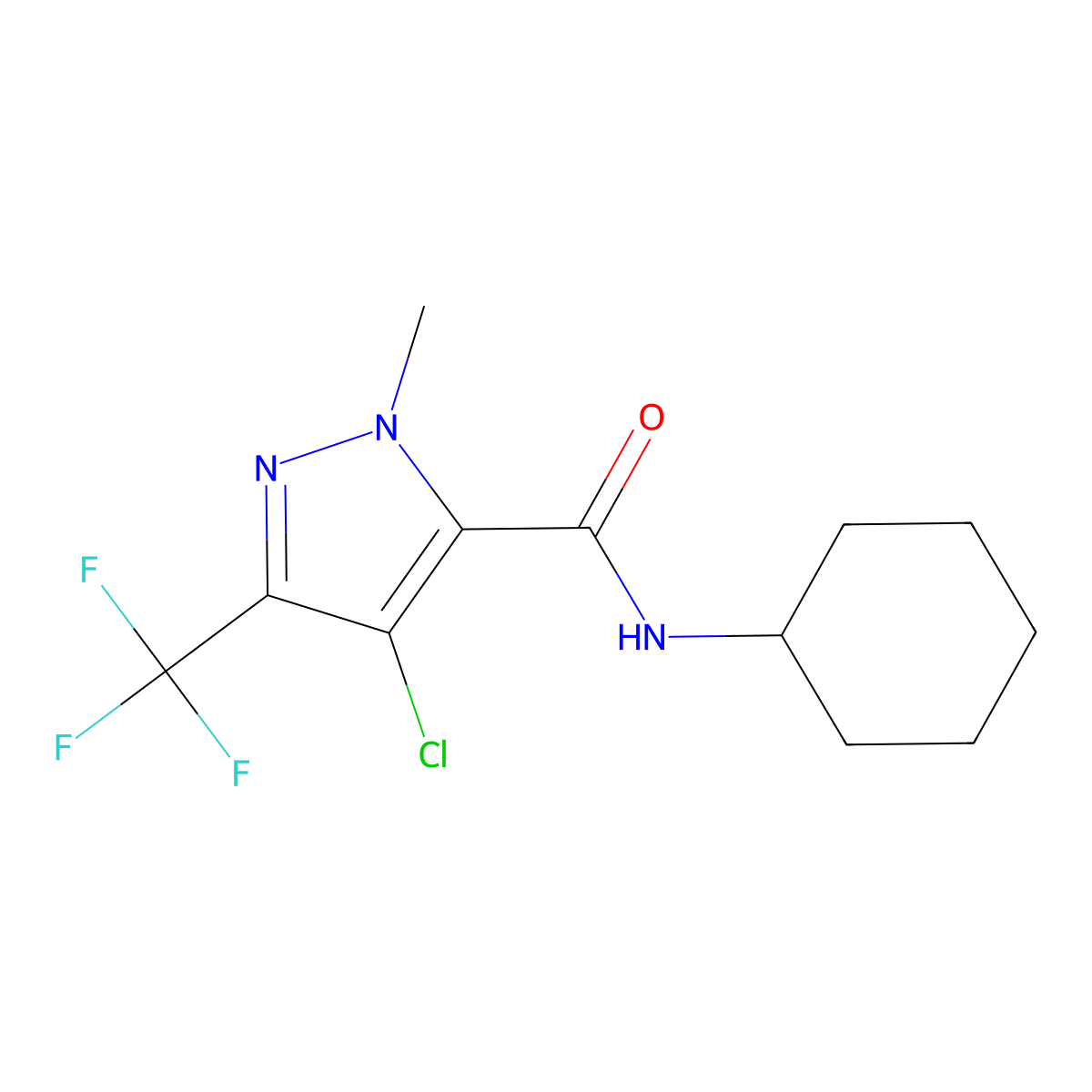 4-chloro-N-cyclohexyl-2-methyl-5-(trifluoromethyl)pyrazole-3-carboxamide molecular structure, CAS 1005683-96-4
