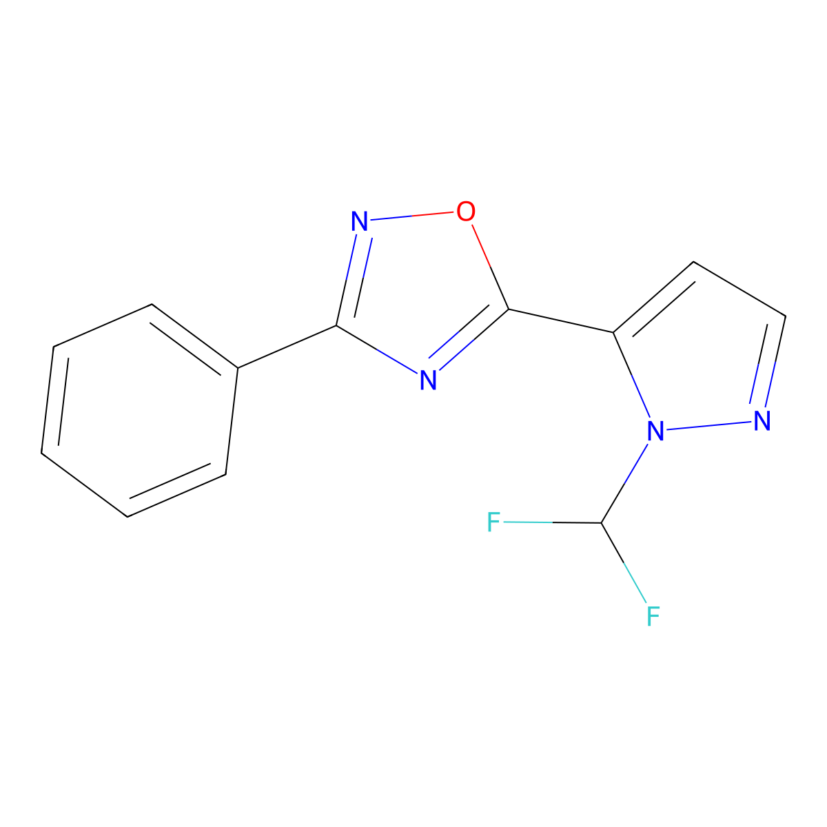 5-[1-(difluoromethyl)-1H-pyrazol-5-yl]-3-phenyl-1,2,4-oxadiazole molecular structure, CAS 1005684-53-6