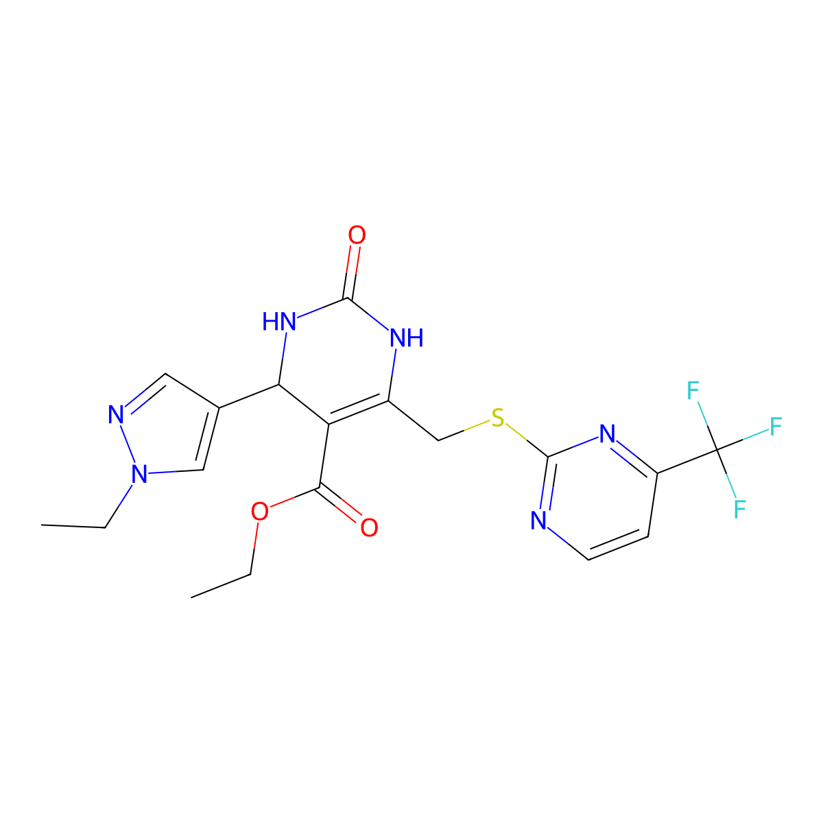 ethyl 4-(1-ethyl-1H-pyrazol-4-yl)-2-oxo-6-({[4-(trifluoromethyl)pyrimidin-2-yl]sulfanyl}methyl)-1,2,3,4-tetrahydropyrimidine-5-carboxylate molecular structure, CAS 1005685-43-7