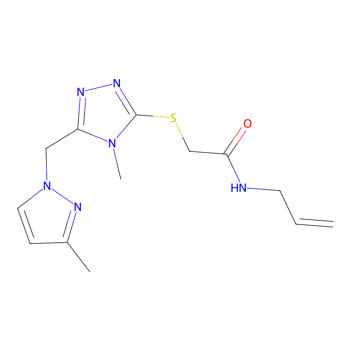 2-[[4-methyl-5-[(3-methylpyrazol-1-yl)methyl]-1,2,4-triazol-3-yl]sulfanyl]-N-prop-2-enylacetamide molecular structure, CAS 1005685-56-2