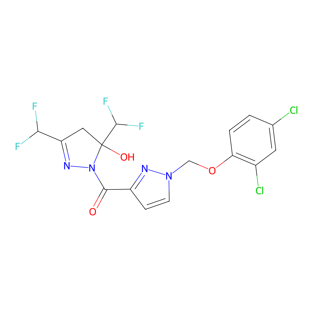 [3,5-bis(difluoromethyl)-5-hydroxy-4,5-dihydro-1H-pyrazol-1-yl]{1-[(2,4-dichlorophenoxy)methyl]-1H-pyrazol-3-yl}methanone molecular structure, CAS 1005686-13-4