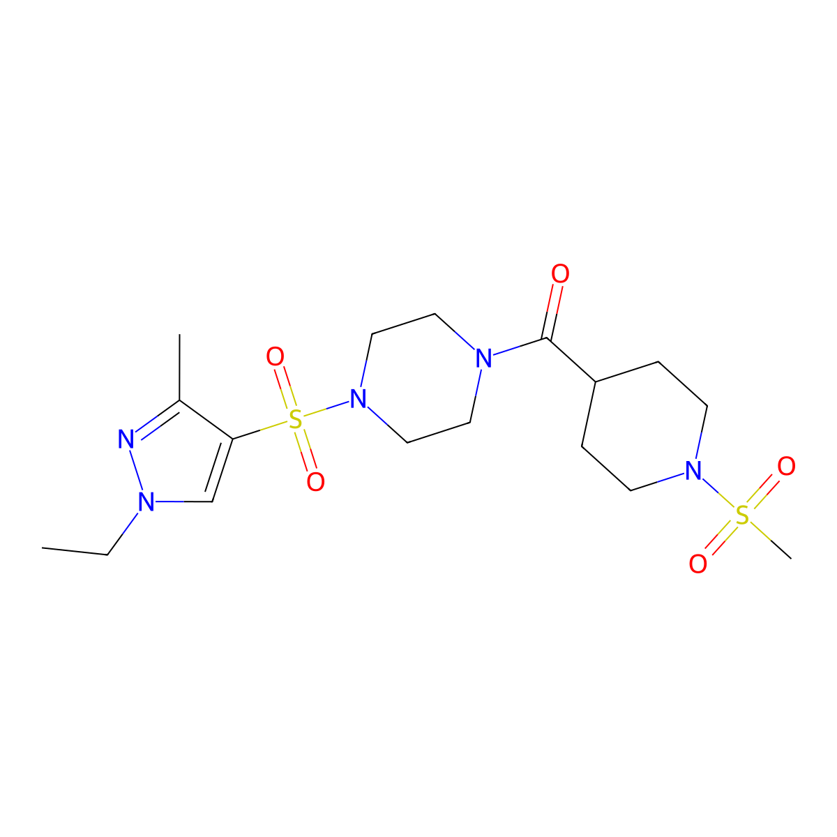 {4-[(1-ethyl-3-methyl-1H-pyrazol-4-yl)sulfonyl]piperazin-1-yl}[1-(methylsulfonyl)piperidin-4-yl]methanone molecular structure, CAS 1005686-20-3