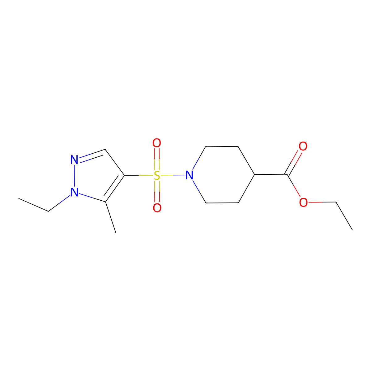 ethyl 1-((1-ethyl-5-methyl-1H-pyrazol-4-yl)sulfonyl)piperidine-4-carboxylate molecular structure, CAS 1005686-69-0