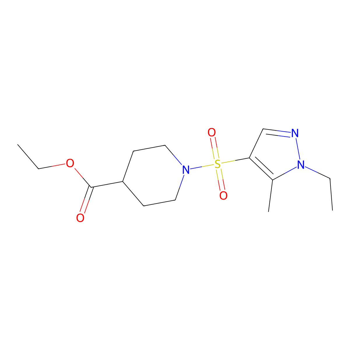 ethyl 1-((1-ethyl-5-methyl-1H-pyrazol-4-yl)sulfonyl)piperidine-4-carboxylate molecular structure, CAS 1005686-69-0