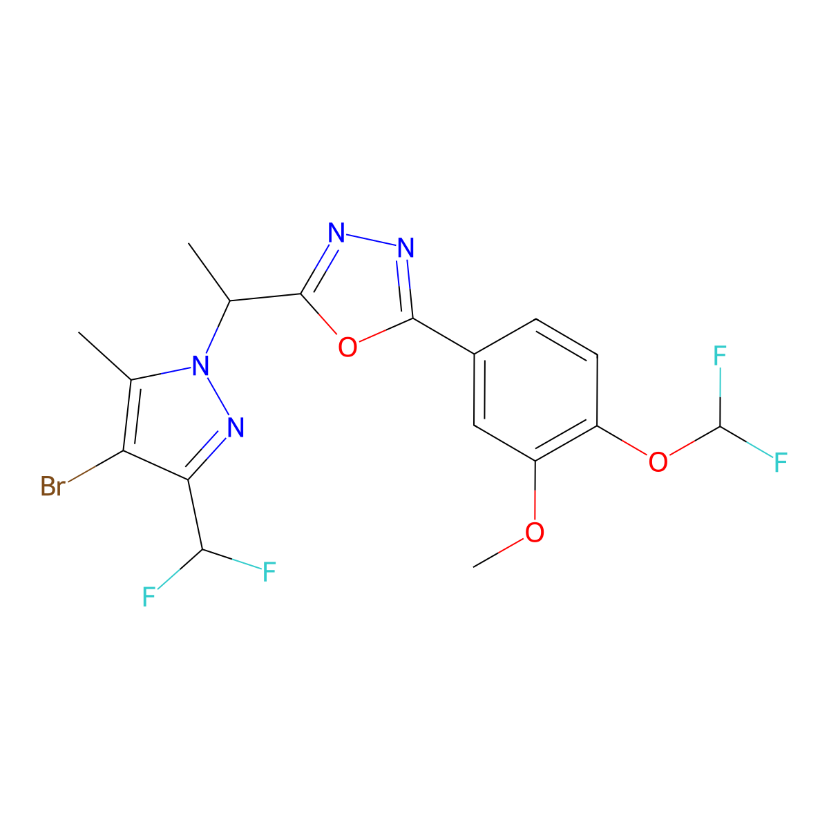 2-{1-[4-bromo-3-(difluoromethyl)-5-methyl-1H-pyrazol-1-yl]ethyl}-5-[4-(difluoromethoxy)-3-methoxyphenyl]-1,3,4-oxadiazole molecular structure, CAS 1005686-76-9
