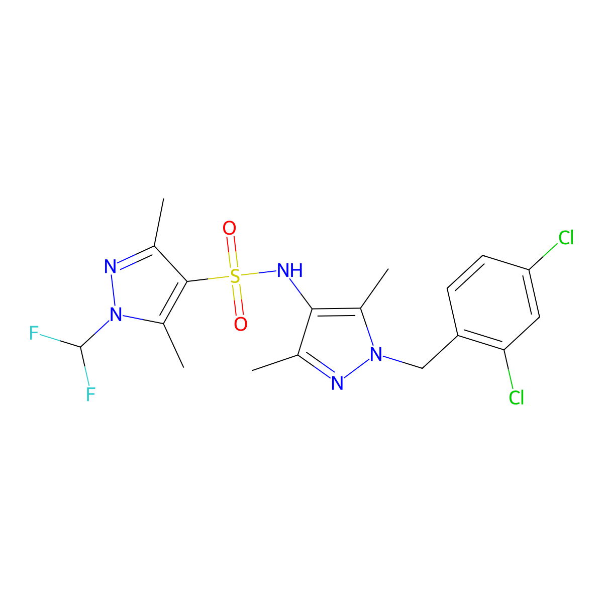 N-[1-(2,4-dichlorobenzyl)-3,5-dimethyl-1H-pyrazol-4-yl]-1-(difluoromethyl)-3,5-dimethyl-1H-pyrazole-4-sulfonamide molecular structure, CAS 1005687-16-0