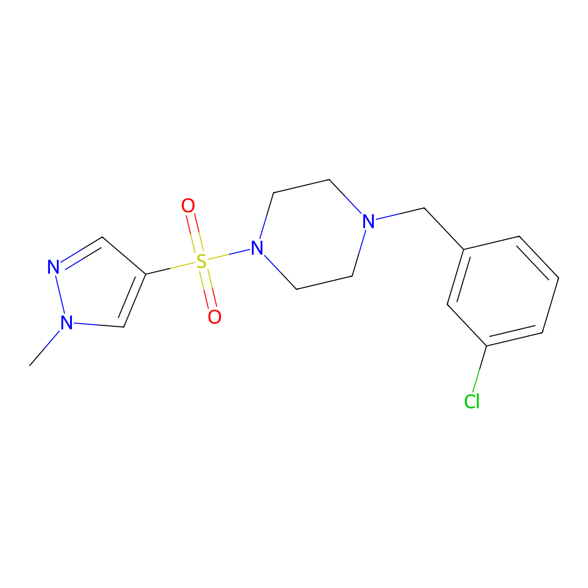 1-(3-chlorobenzyl)-4-[(1-methyl-1H-pyrazol-4-yl)sulfonyl]piperazine molecular structure, CAS 1005687-29-5