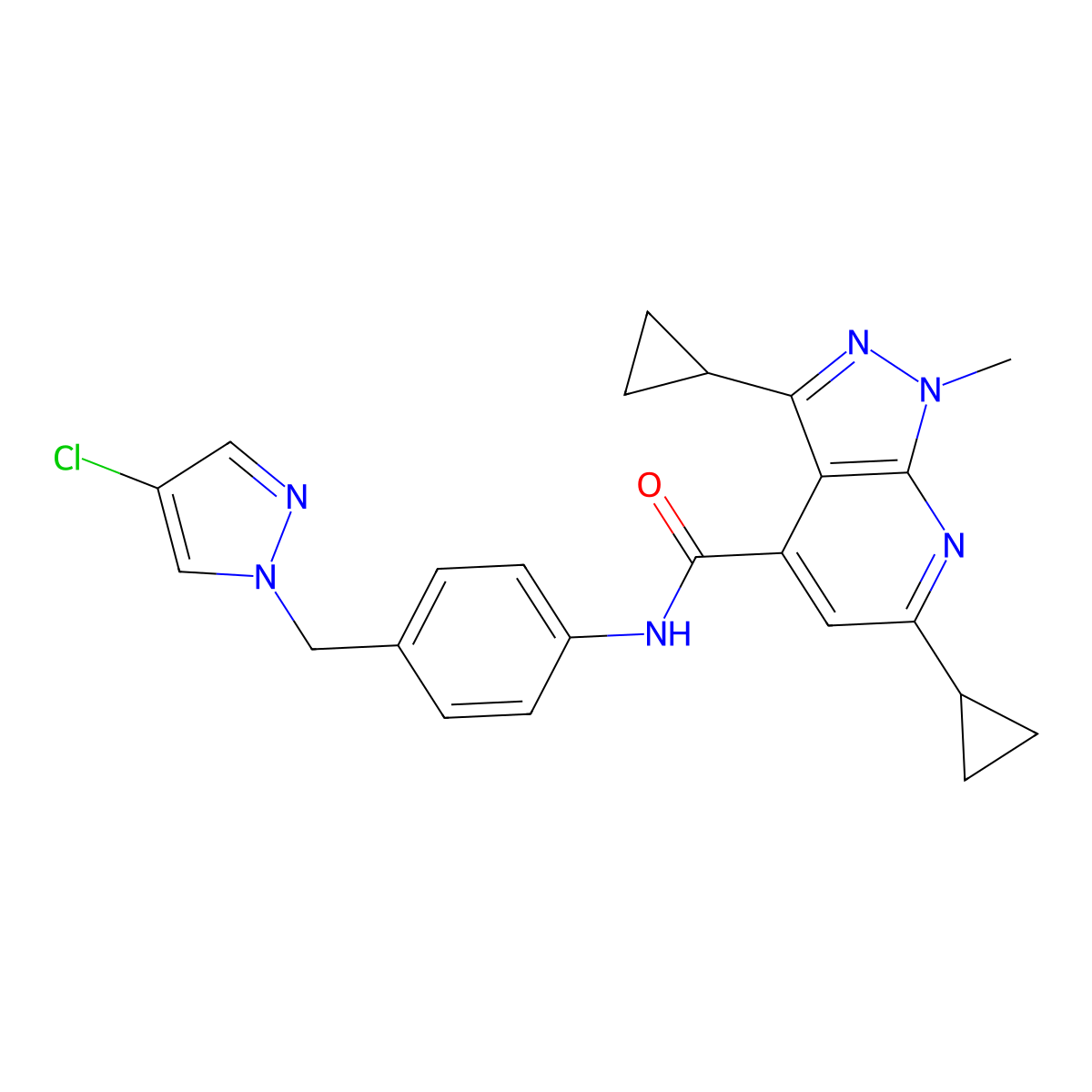 N-{4-[(4-chloro-1H-pyrazol-1-yl)methyl]phenyl}-3,6-dicyclopropyl-1-methyl-1H-pyrazolo[3,4-b]pyridine-4-carboxamide molecular structure, CAS 1005687-34-2