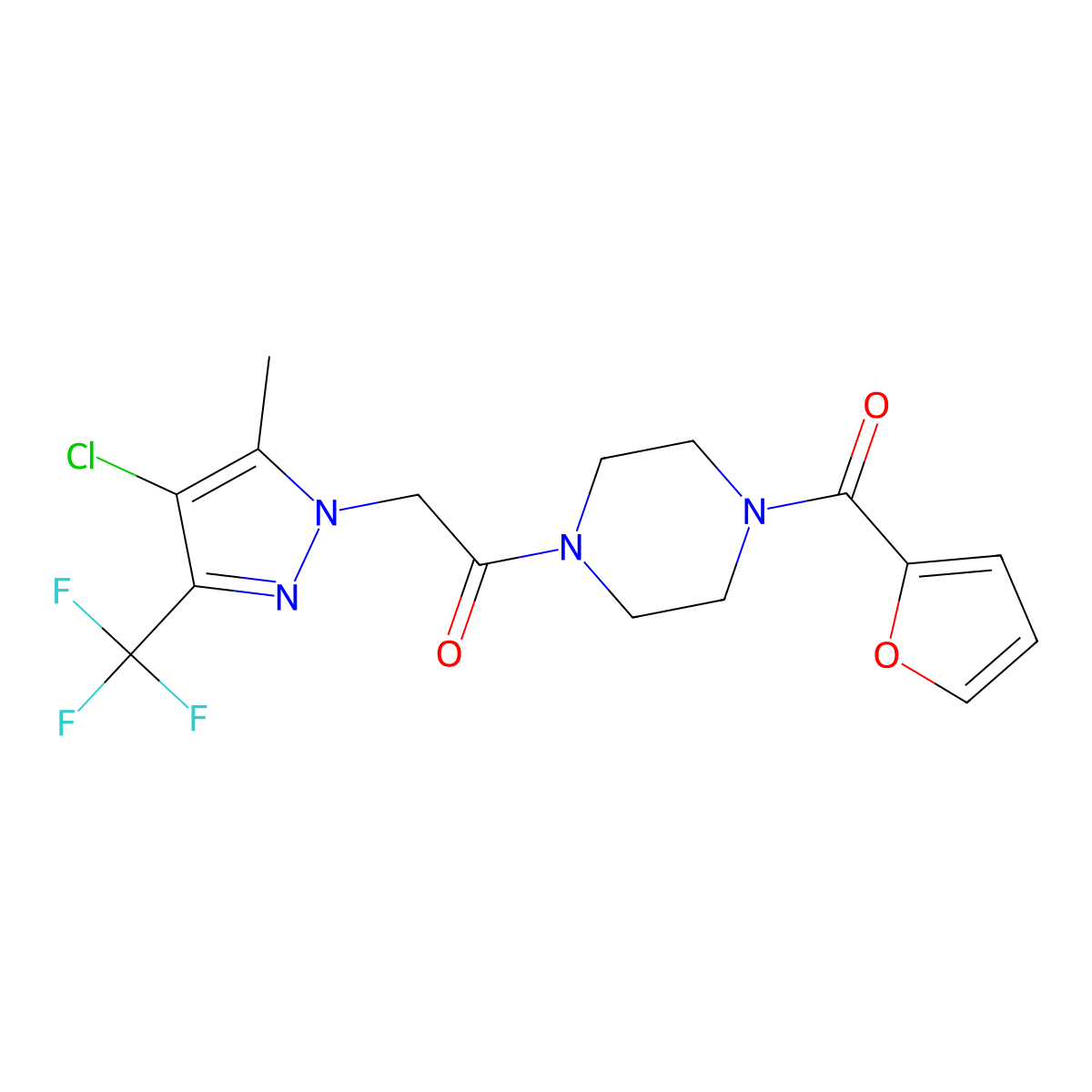 2-[4-Chloro-5-methyl-3-(trifluoromethyl)pyrazol-1-yl]-1-[4-(furan-2-carbonyl)piperazin-1-yl]ethanone molecular structure, CAS 1005687-69-3