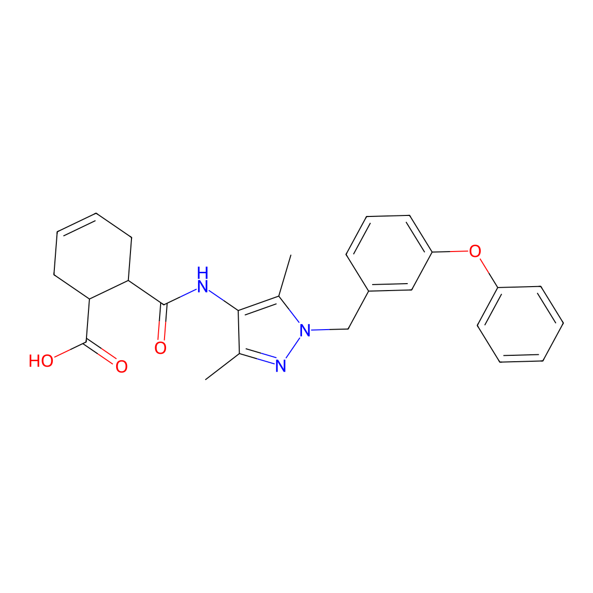6-{[3,5-dimethyl-1-(3-phenoxybenzyl)-1H-pyrazol-4-yl]carbamoyl}cyclohex-3-ene-1-carboxylic acid molecular structure, CAS 1005687-81-9
