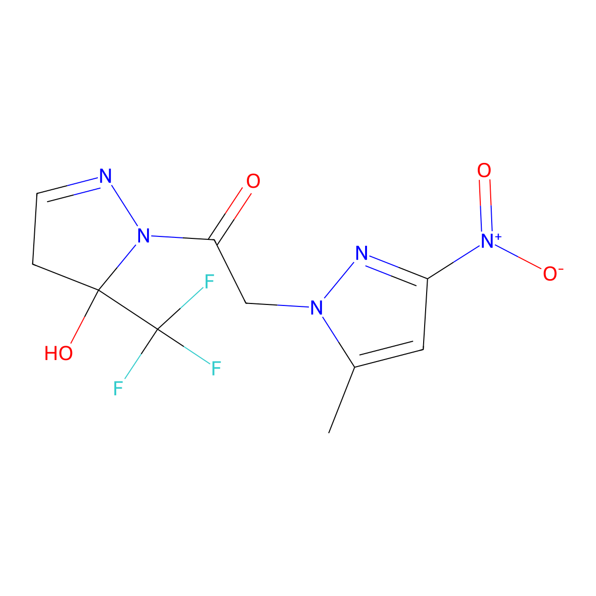 1-[5-hydroxy-5-(trifluoromethyl)-4,5-dihydro-1H-pyrazol-1-yl]-2-(5-methyl-3-nitro-1H-pyrazol-1-yl)ethanone molecular structure, CAS 1005688-07-2